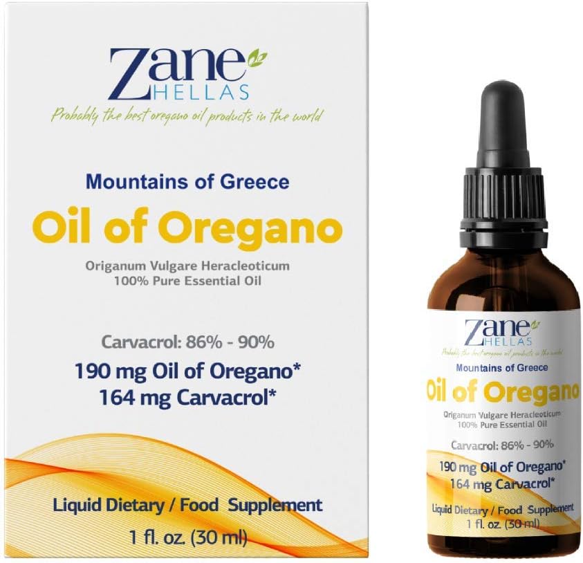 Zane Hellas 190 mg Oregano Oil-164 mg Carvacrol per Serving-4 Drops Daily. 100% Greek Undiluted Oil of Oregano. 86%-90% Min Carvacrol. Probably The Best Oregano Oil in The World. 1 fl. oz.- 30ml