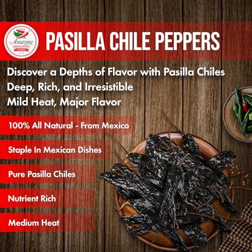 Pasilla Chiles Dried 4 oz - Staple in Mexican Cooking: Moles, Sauces, Stews, Salsa. Mild Heat – Punget and Tangy Flavor. By Amazing Chiles & Spices