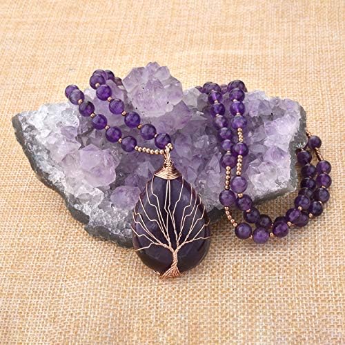 Jovivi Natural Amethyst Quartz Healing Crystals Necklace Wire Wrapped Teardrop Life Tree Chakra Gemstone Pendant 28" Mala Beads Chain
