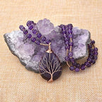 Jovivi Natural Amethyst Quartz Healing Crystals Necklace Wire Wrapped Teardrop Life Tree Chakra Gemstone Pendant 28" Mala Beads Chain