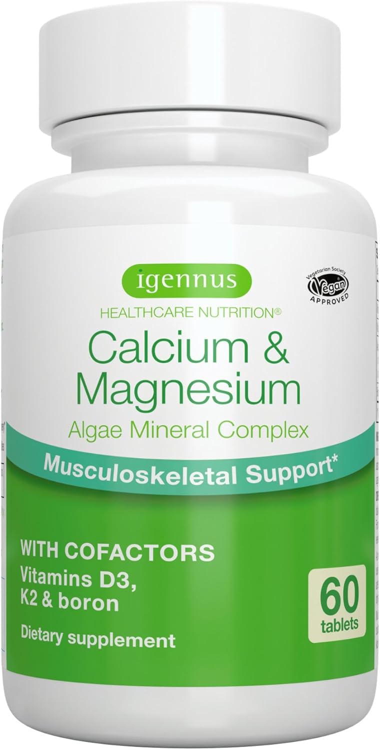 Igennus Red Algae Calcium Magnesium Complex, Comprehensive Bone Support with K2, D3 & Boron, High Absorption Minerals, Vegan & Plant Based, Non-GMO, 60 Tablets