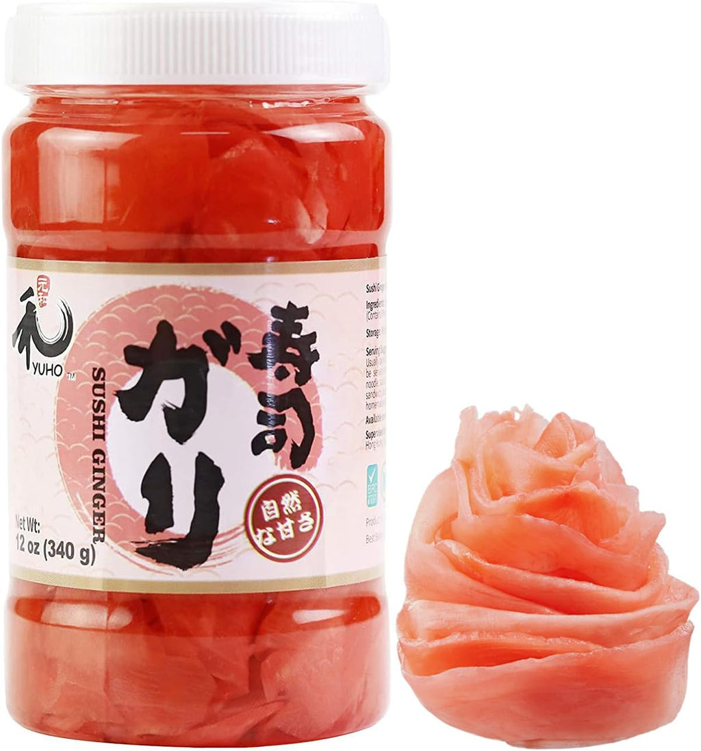 YUHO Pickled Sushi Ginger, Japanese Pink Gari Sushi Ginger Fat Free, Sugar Free, Kosher, BRC, No MSG, Low cal 12 oz