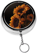 Keychain Pill Holder - Portable 3 Compartment Mini Pill Case for Pocket & Purse, Vitamin Container, Easy-Open Design for Travel - Quiet Sunflower