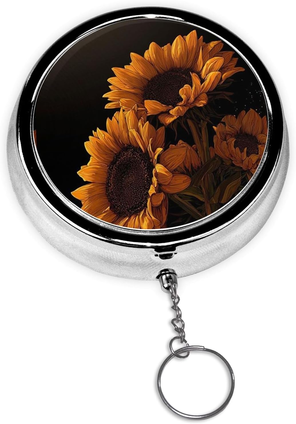 Keychain Pill Holder - Portable 3 Compartment Mini Pill Case for Pocket & Purse, Vitamin Container, Easy-Open Design for Travel - Quiet Sunflower