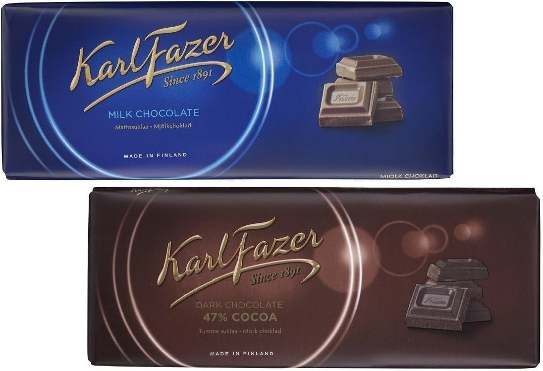 Karl Fazer Blue Original Milk Chocolate Bar and 47% Dark Chocolate Bar - 200 g / 7.05 oz each