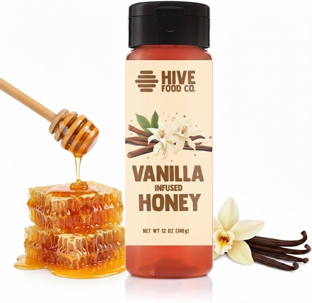 HIVE Food Co. Infused Honey – 100% Pure American Raw & Unfiltered with Gourmet Natural Flavors – Small Batch Artisan Honey in 12oz Squeeze Bottle (12 oz, Vanilla)
