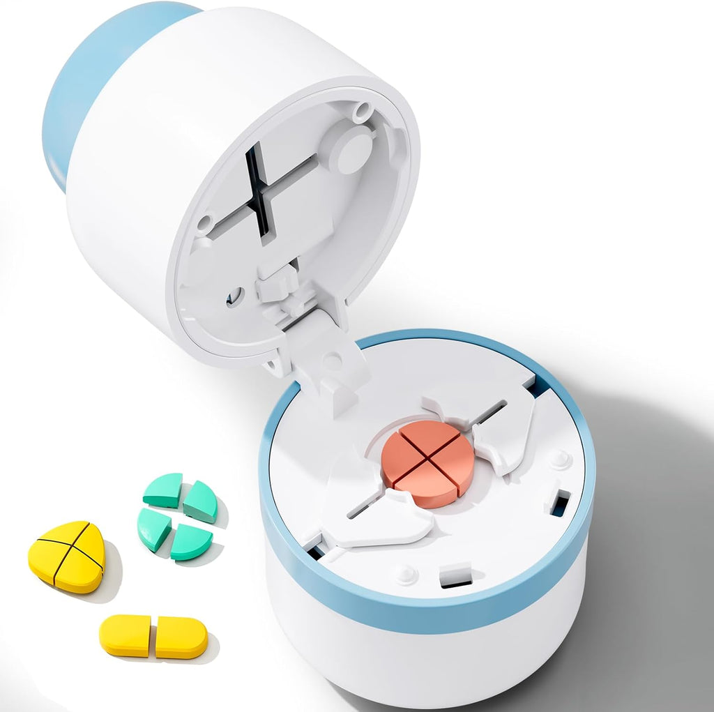 Pill Cutter 1/4 - Pill Splitter with Stainless Steel Blade for Cutting Small Pills or Large Pills in one Fourth, Suitable for Cuting Vitamins, Tablets (1-4 Blue)
