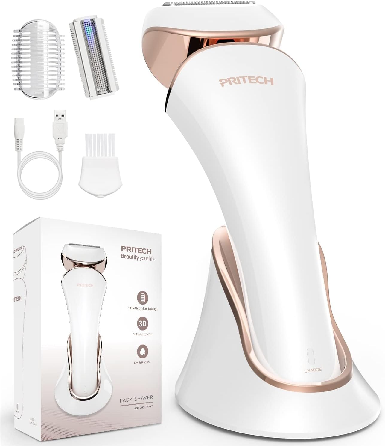 PRITECH Electric Razor for Women - Rechargeable Shaver for Women Portable Lady Shaver for Legs, Arm, Underarms, Bikini, USB Rechargeable, Wet & Dry Waterproof Bikini Trimmer for Woman, Gold