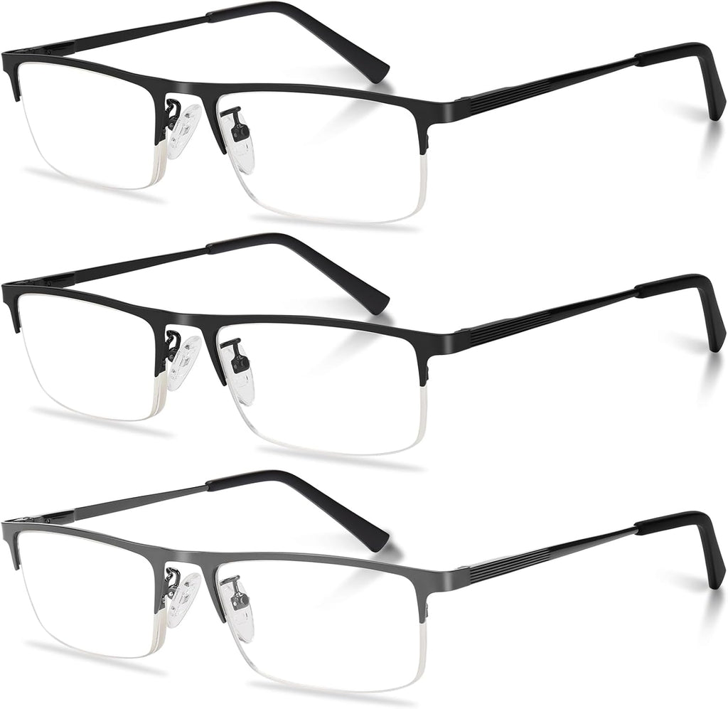 3-Pack Reading Glasses for Men, Lightweight Metal Half Frame Blue Light Blocking Computer Readers, Stylish Filter UV Ray/Computer Glare with Spring Hinge Eyeglasses(2PCS Black+1PCS Gray,+2.0)