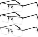 3-Pack Reading Glasses for Men, Lightweight Metal Half Frame Blue Light Blocking Computer Readers, Stylish Filter UV Ray/Computer Glare with Spring Hinge Eyeglasses(2PCS Black+1PCS Gray,+2.0)