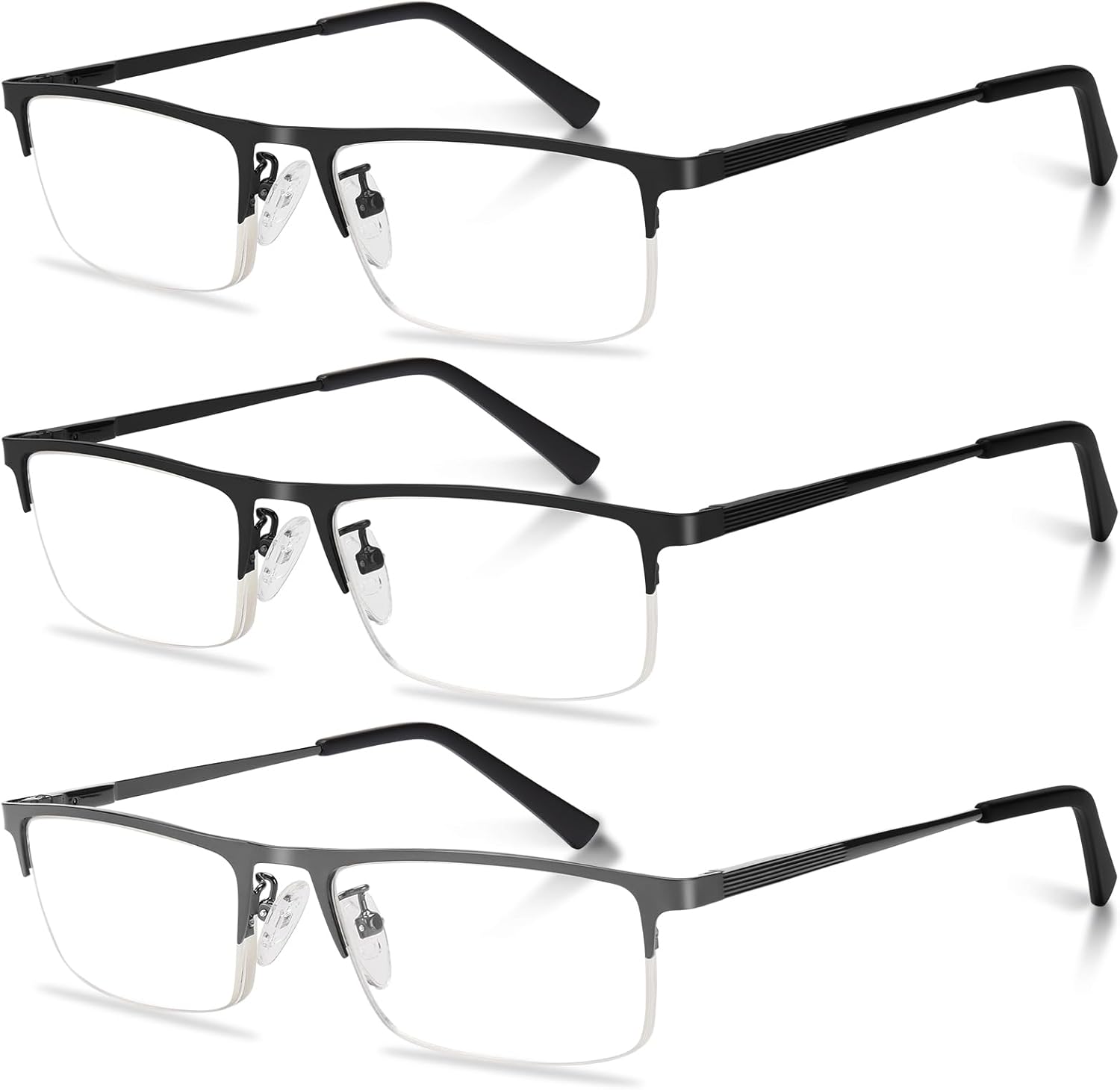 3-Pack Reading Glasses for Men, Lightweight Metal Half Frame Blue Light Blocking Computer Readers, Stylish Filter UV Ray/Computer Glare with Spring Hinge Eyeglasses(2PCS Black+1PCS Gray,+2.0)