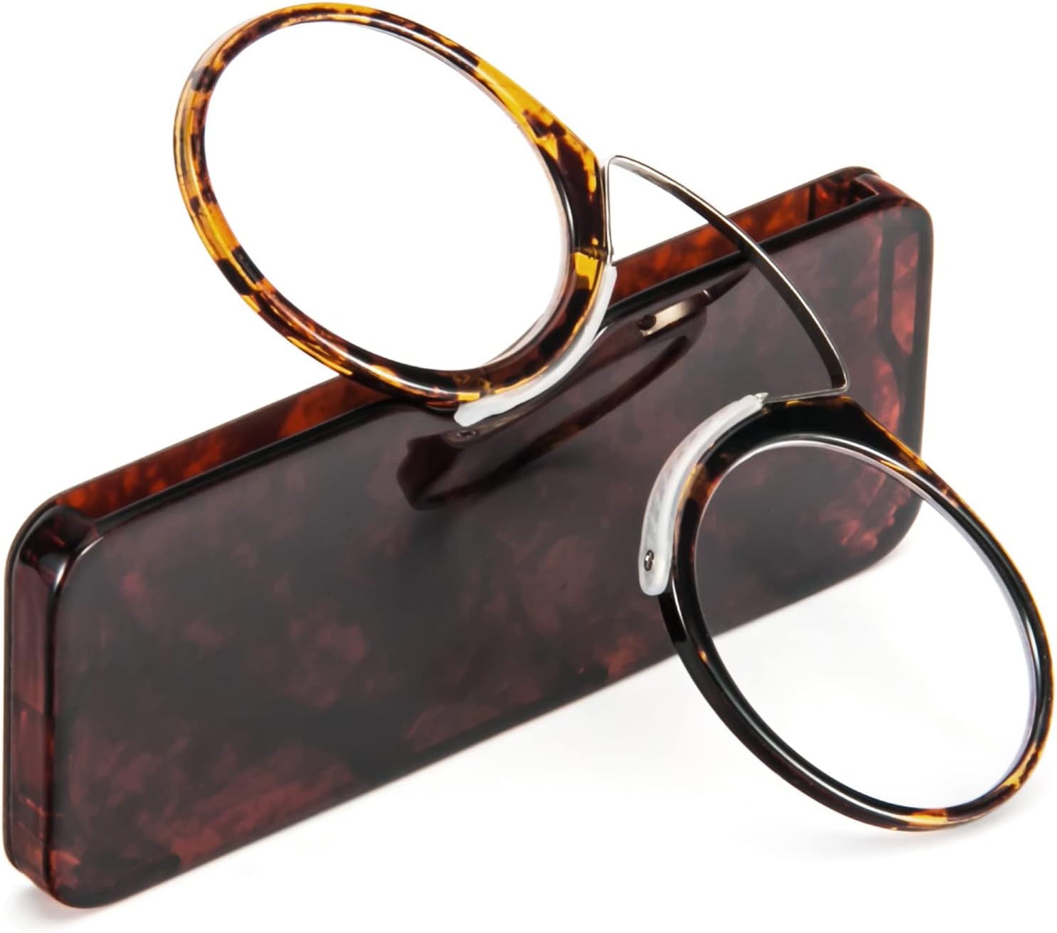 REAVEE Ultra Thin Armless Reading Glasses for Men Women, No Temple Pinch Nose Clip on Readers Small Pocket with Mini Portable Case, Tortoise +2.5