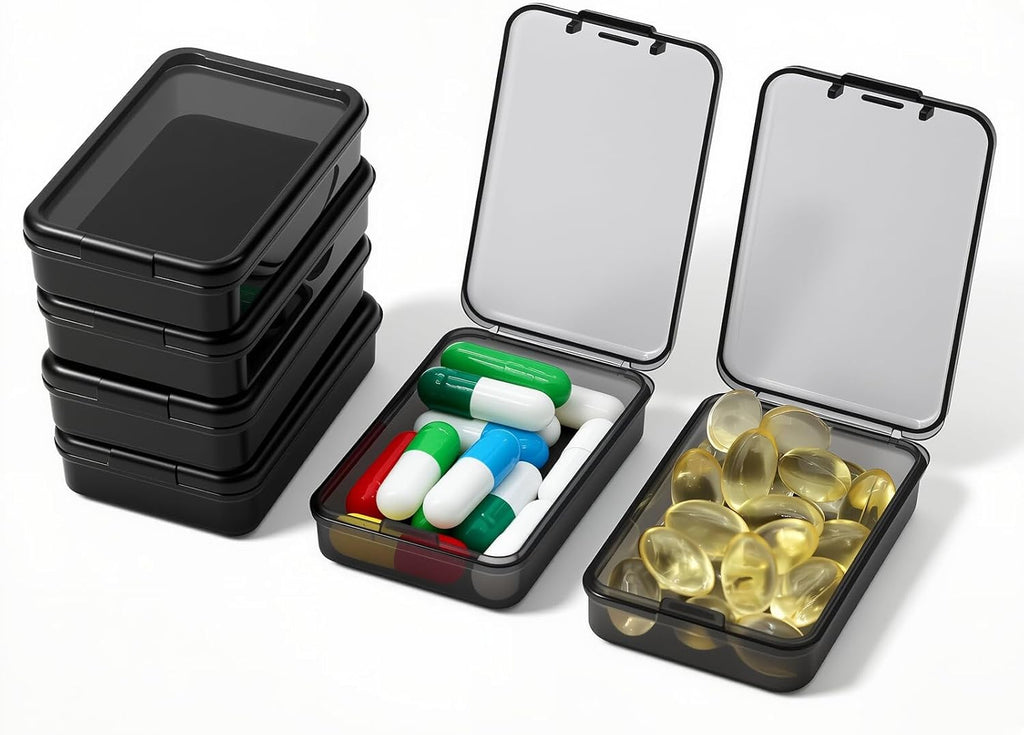 6 PCS Small Pill Box, Tiny Pill Case,Mini Clear Plastic Storage Containers Cute Travel Pill Organizer Case Portable for Pocket Purse Briefcase (Black)