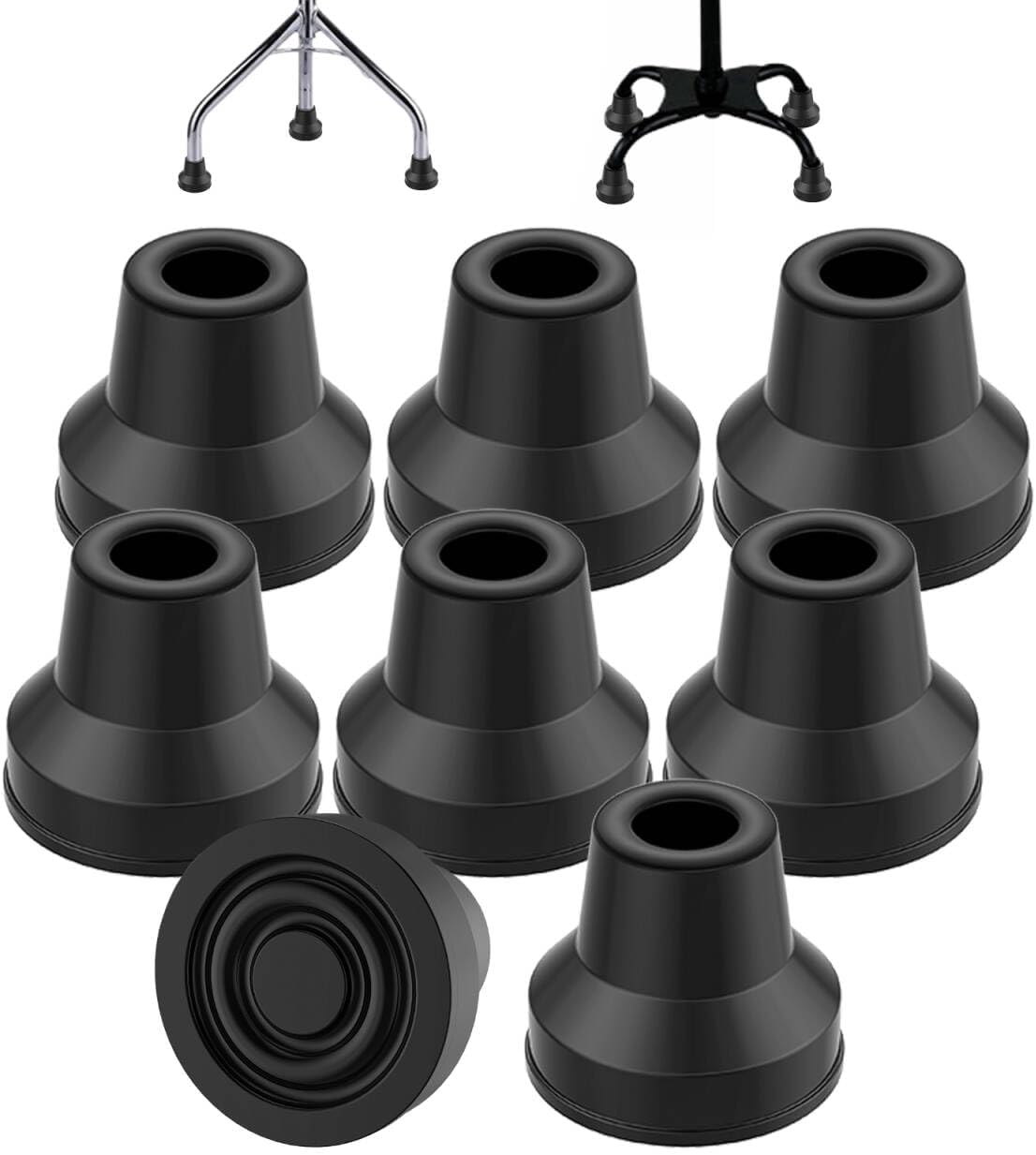 MFE Quad Cane Tips (Set of 8) - Heavy Duty 1/2 inch Replacement Rubber Foot - Black Attachment Base Grip - Durable Accessories for Walking and Standing Stick for Women, Men, Seniors, Elderly