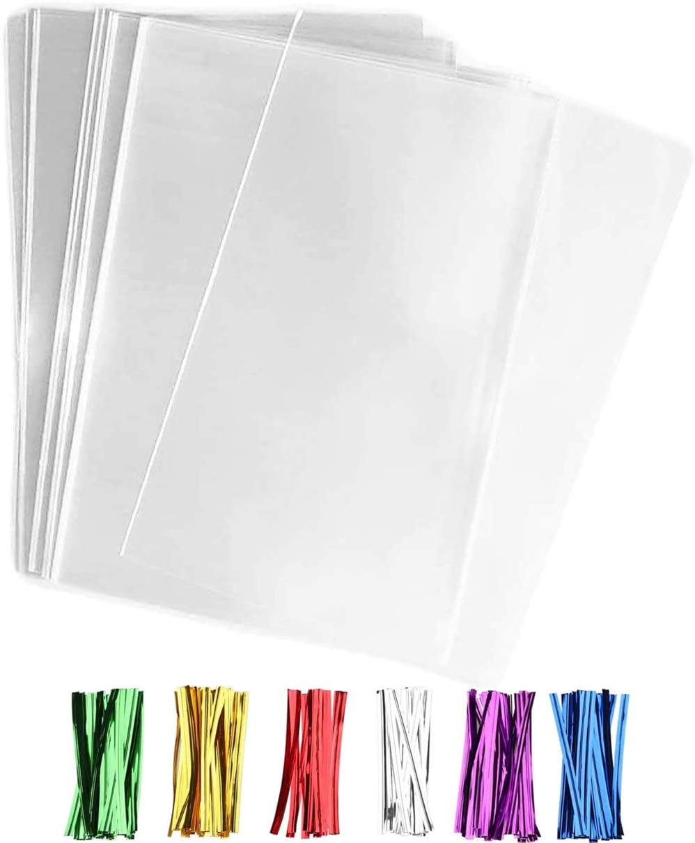200 pcs Clear 4" x 6" Flat Cello Cellophane Bags Poly Treat Bags 2.8 mils for Gift Wrapping, Bakery, Cookie, Candies, Toast, Dessert, Party Favors Packaging with Color Twist Ties,Heat Sealable Cookie Bags