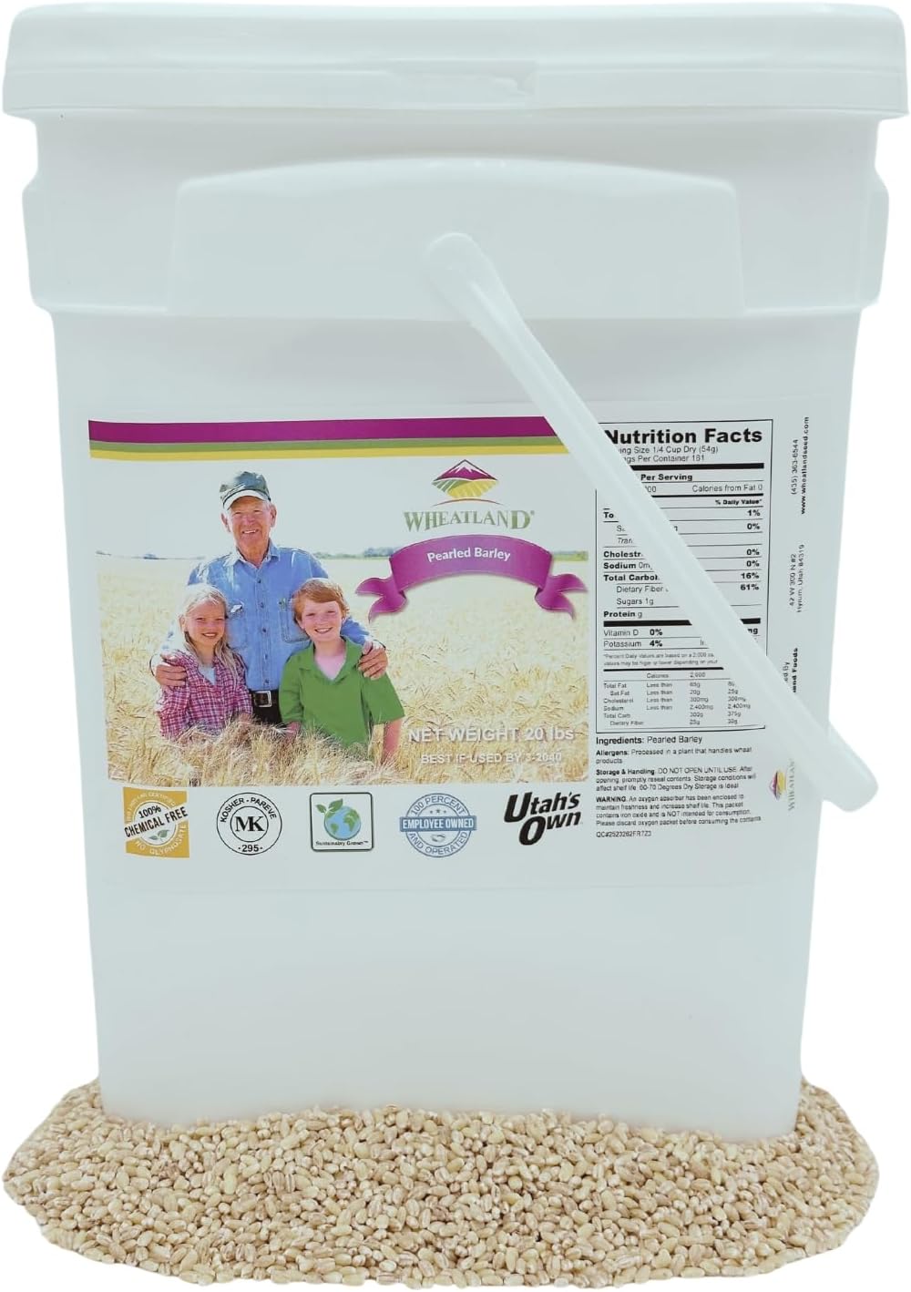 Wheatland Pearled Barley, 20lb Bucket, 25 Year Storage Life, Superior Packaging (Mylar & Oxygen Absorber) Lab Tested Chemical Free, Farm Fresh USA Grown, Emergency Preparedness, Non GMO, Kosher