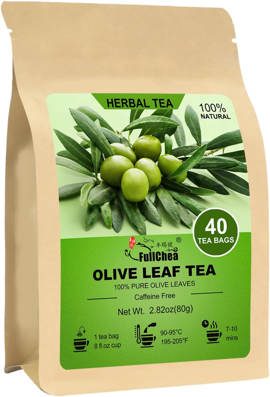 FullChea - Olive Leaf Tea, 40 Teabags - Premium Dried Olive Leaves - Non-GMO - Natural Caffeine-Free Herbal Tea - Rich in Antioxidants for Daily Wellness