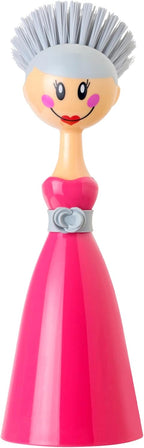 Vigar Dolls Dish Brush with Ergonomic Handle and Dress-Shaped Brush Holder, Dish Brush with Handle for Kitchen Dishes and Sink Cleaning, Pink, Gray