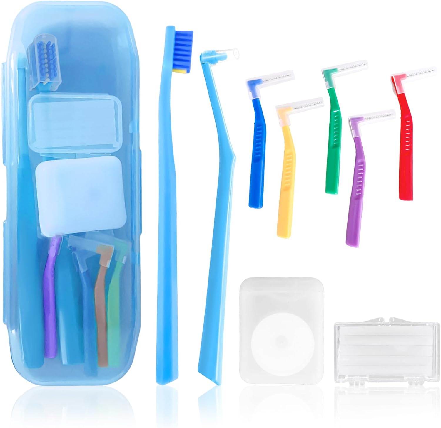 9-in-1 Orthodontic Oral Care Kit with Case – Toothbrush, End Tuft Toothbrush, 5 Interdental Brushes, Dental Floss, Dental Wax – Portable Hygiene Set for Braces and Daily and Travel Use (Blue)