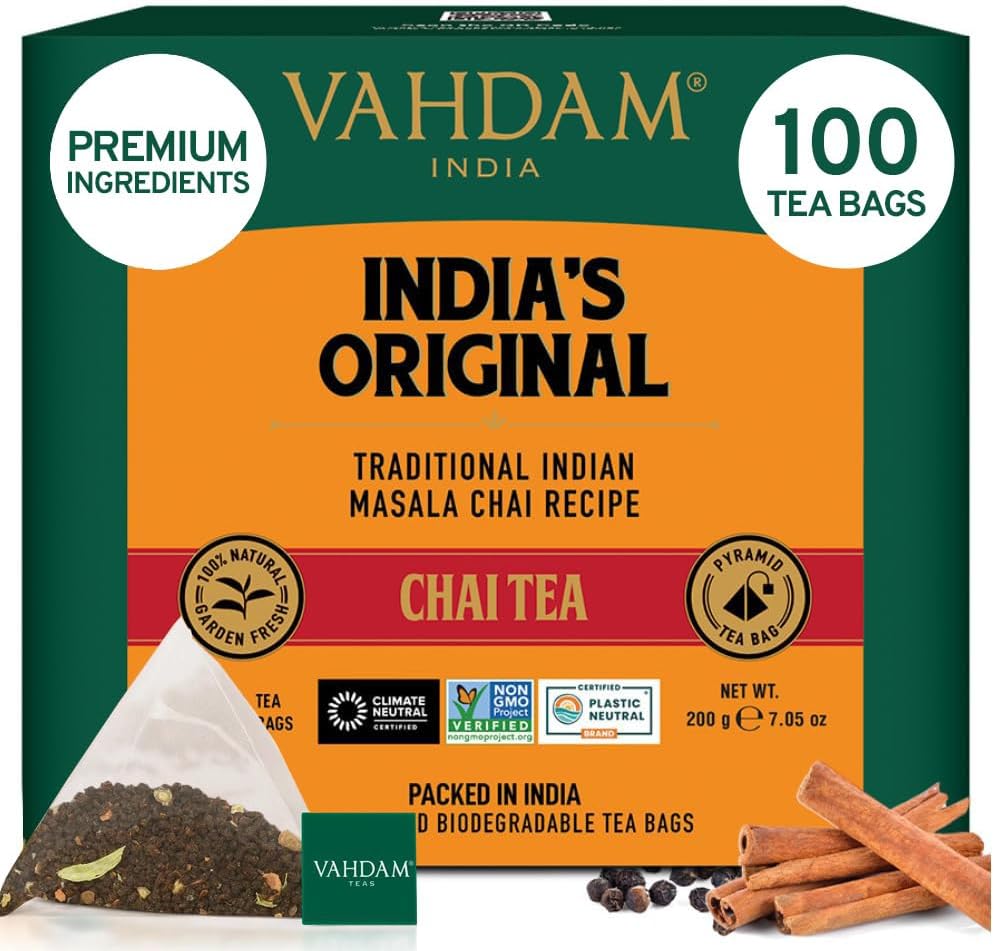 VAHDAM, India's Original Masala Chai Tea Bags (100 Count) No Added Flavoring | Blended w/Exotic Spices | Whole Leaf Tea Bags | Resealable Ziplock Pouch
