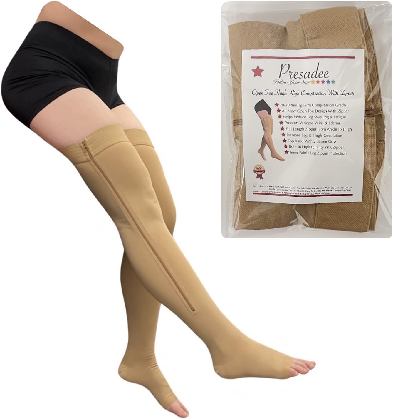Presadee Thigh High Open Toe 20-30 mmHg Firm Compression Leg with YKK Zipper (Beige, 2)