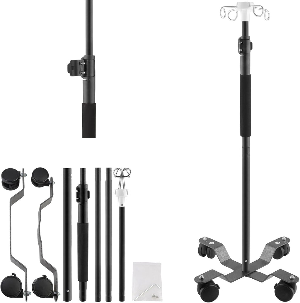 IV Pole with Wheels,47 to 100In Infusion Floor Stand Telescopic with 4 Hooks IV Bag Holder Stand Portable Feeding Pump Stand Frosted Pipe Extension Pole IV Influsion Pole (Black)