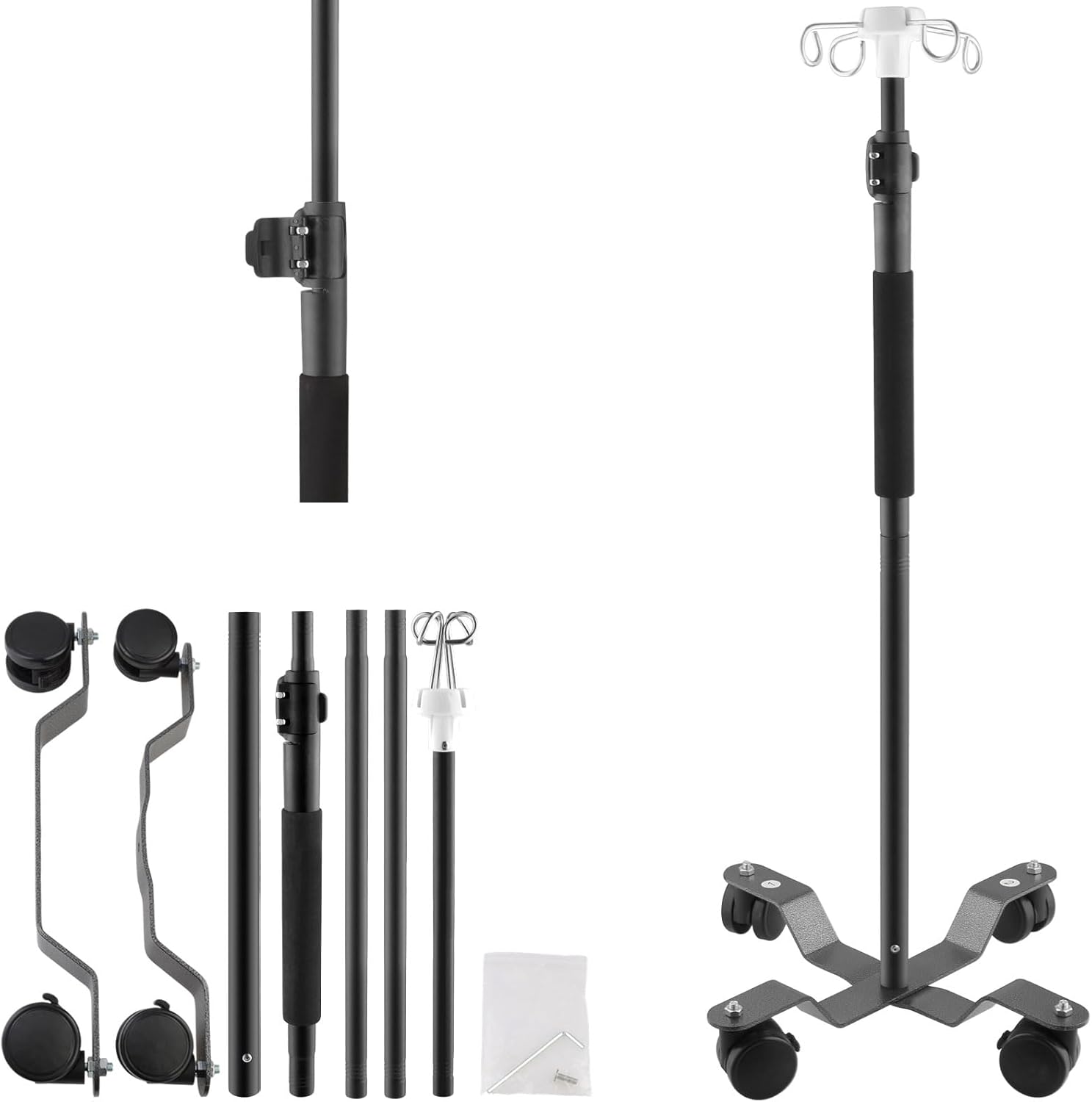 IV Pole with Wheels,47 to 100In Infusion Floor Stand Telescopic with 4 Hooks IV Bag Holder Stand Portable Feeding Pump Stand Frosted Pipe Extension Pole IV Influsion Pole (Black)