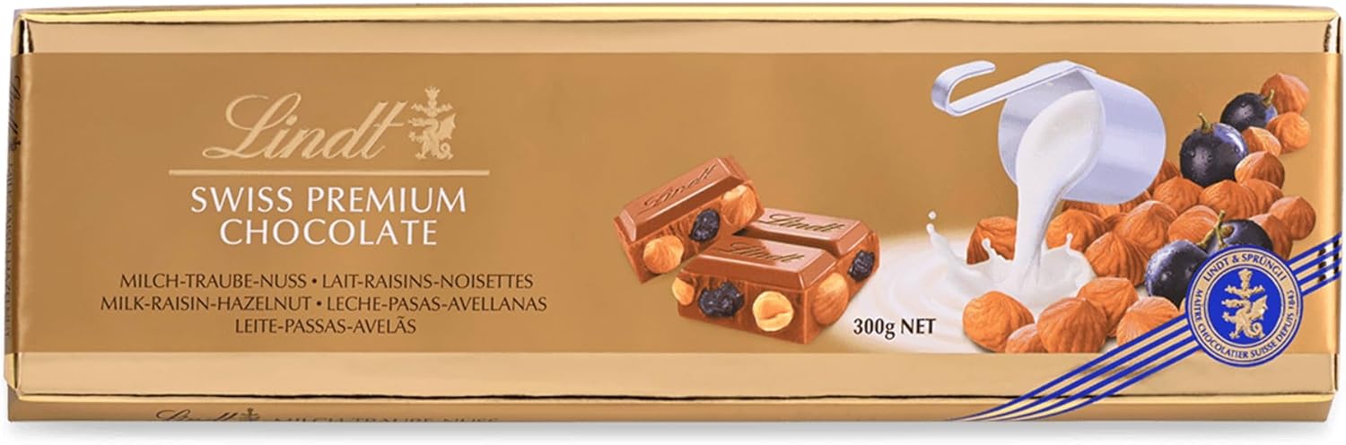 Lindt Gold Milk Hazelnut & Raisin Bar 300g (Pack of 1)