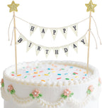 Happy Birthday Flag Banner Cake Topper, Handmade Pennant & Star Garland Birthday Cake Flag Decoration Happy Birth Day Sign & Garland for Party Supplies