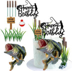 Gone Fishing Cake Topper with Largemouth Bass Sign Fisherman Happy Birthday Sign