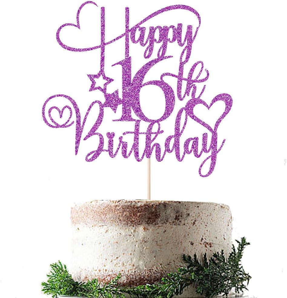 Purple Glitter Happy 16th Birthday Cake Topper, 16th Birthday/Anniversary Cake topper (Purple-16th)