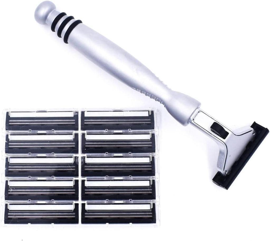 Taconic All‑Metal Heavyweight Chrome Razor – Gillette® Atra-Compatible Twin Blade Handle with 10 Pivot Plus Personna Blades, Ergonomic Grip, Durable Design