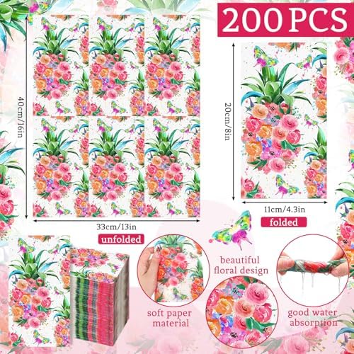 Epakh 200 Pcs Luau Napkins Bulk Tropical Hawaiian Paper Napkins Tropical Luau Party Supplies 2 Ply Disposable Pineapple Flower Paper Guest Towels for Summer Birthday Hawaiian Theme Parties 7. 9x4. 3"