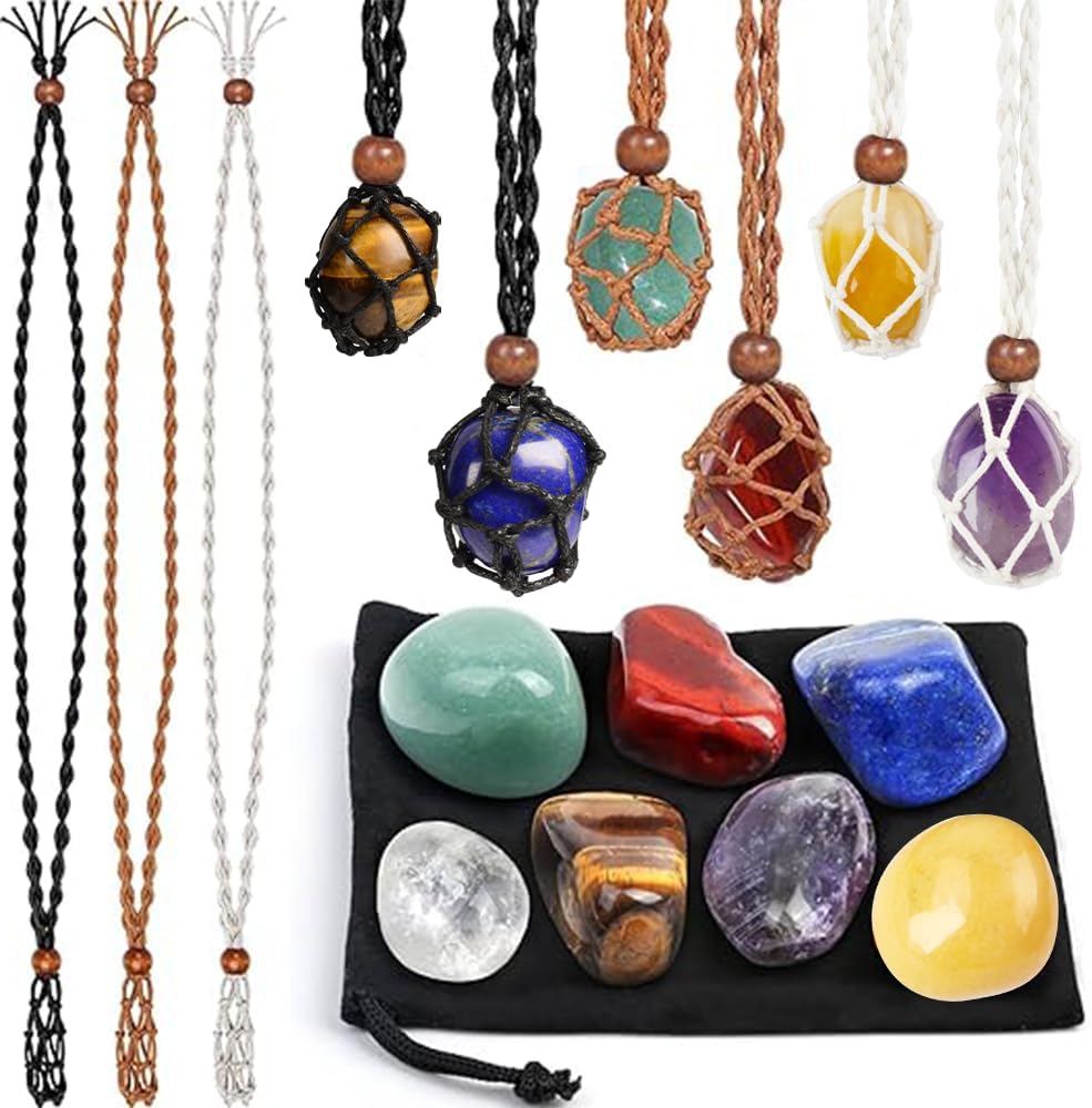 6Pcs Adjustable Crystal Necklace Cages with 7 Chakra Crystals & Healing Stones Set, for Jewelry Making, Yoga Meditation (7 Tumbled Stones + 6pcs Cord)
