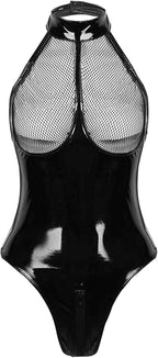 Sexy Women's Lingerie PVC Leather Mesh Bra Wetlook Halter Neck One Piece Clubwear Teddy Bodysuit