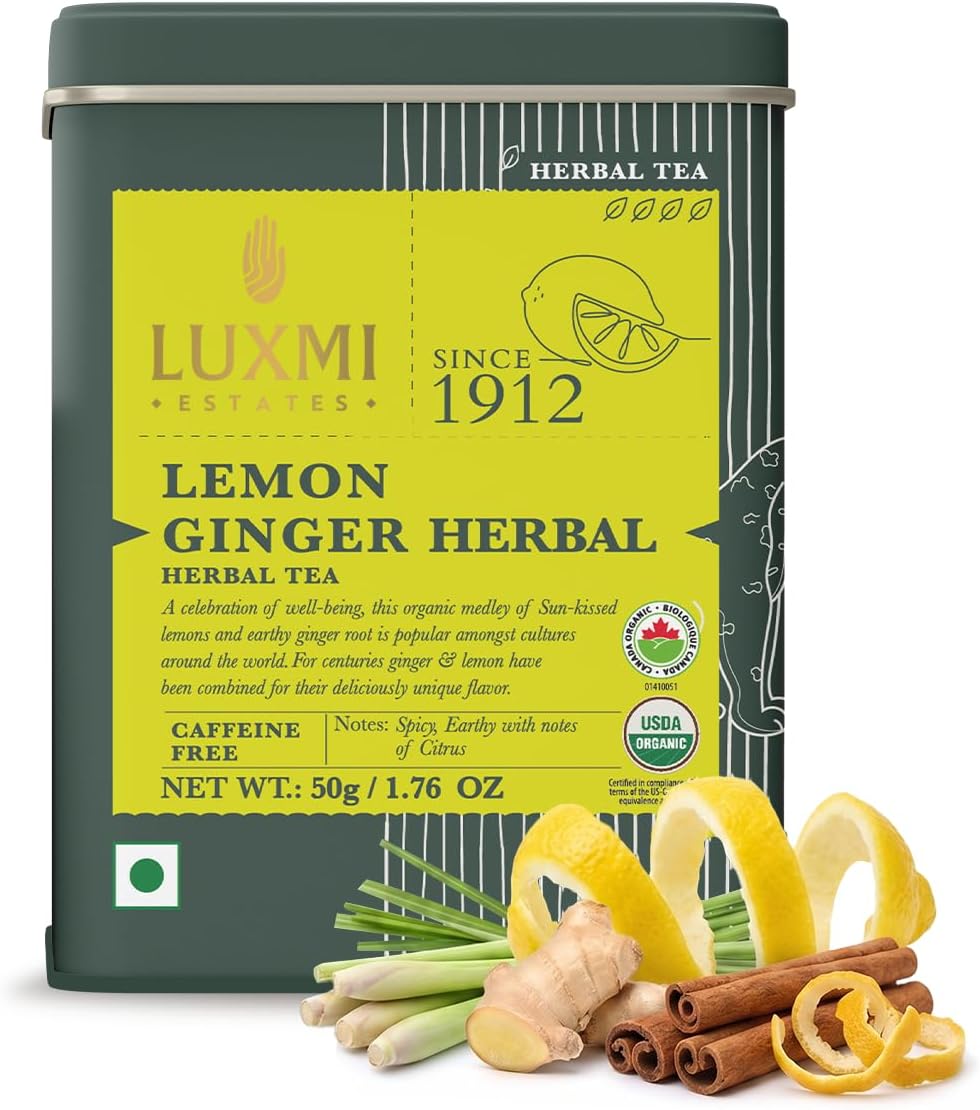 Luxmi Estates Lemon Ginger Tea, Organic Loose Leaf, 50g (1.76oz, 25 Cups), USDA Organic Herbal Infusion with Lemon Peel, Ginger Root, Lemongrass & Cinnamon - Caffeine-Free, Naturally Sweet, Resealable Tin