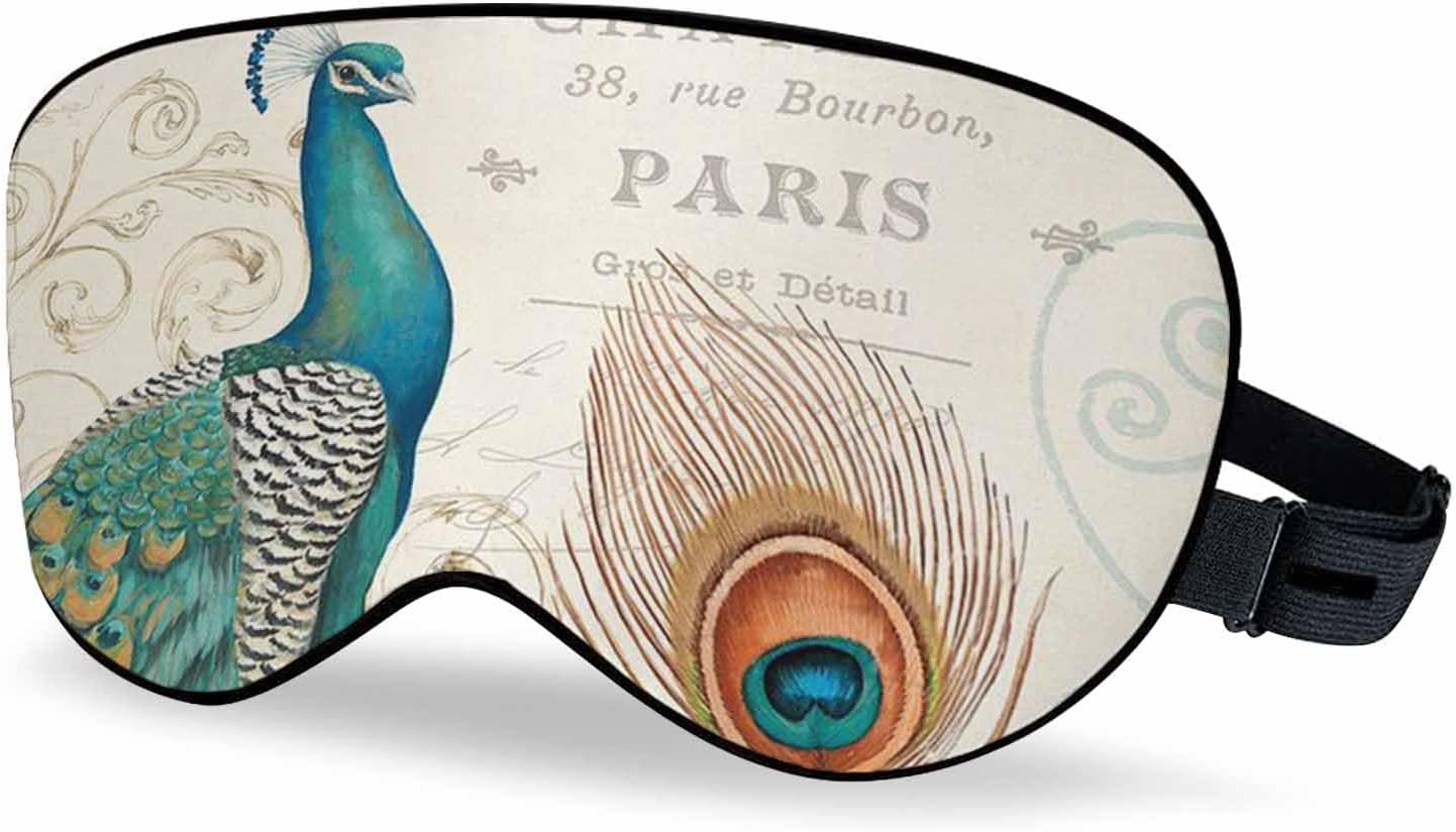 Peacock Flowers Sleep Eye Mask Vintage Feather Letter Green Brown Men Women Sleep Mask with Adjustable Strap Eye Cover Eye Shade for Travel, Nap,Meditation
