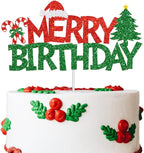 Merry Birthday Cake Topper Red &Green Glitter Christmas Birthday Cake Decoration Christmas Birthday Party Cake Food Picks for Winter Onederland Xmas Birthday Baby Shower Decorations