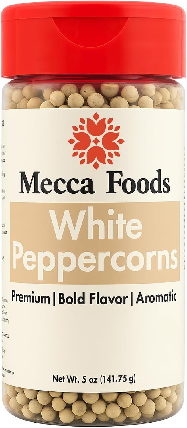 Mecca Foods Premium Whole White Peppercorns 5 oz – Gourmet White Pepper for Cooking, Seasoning & Marinades – Fresh Aroma in PET Jar