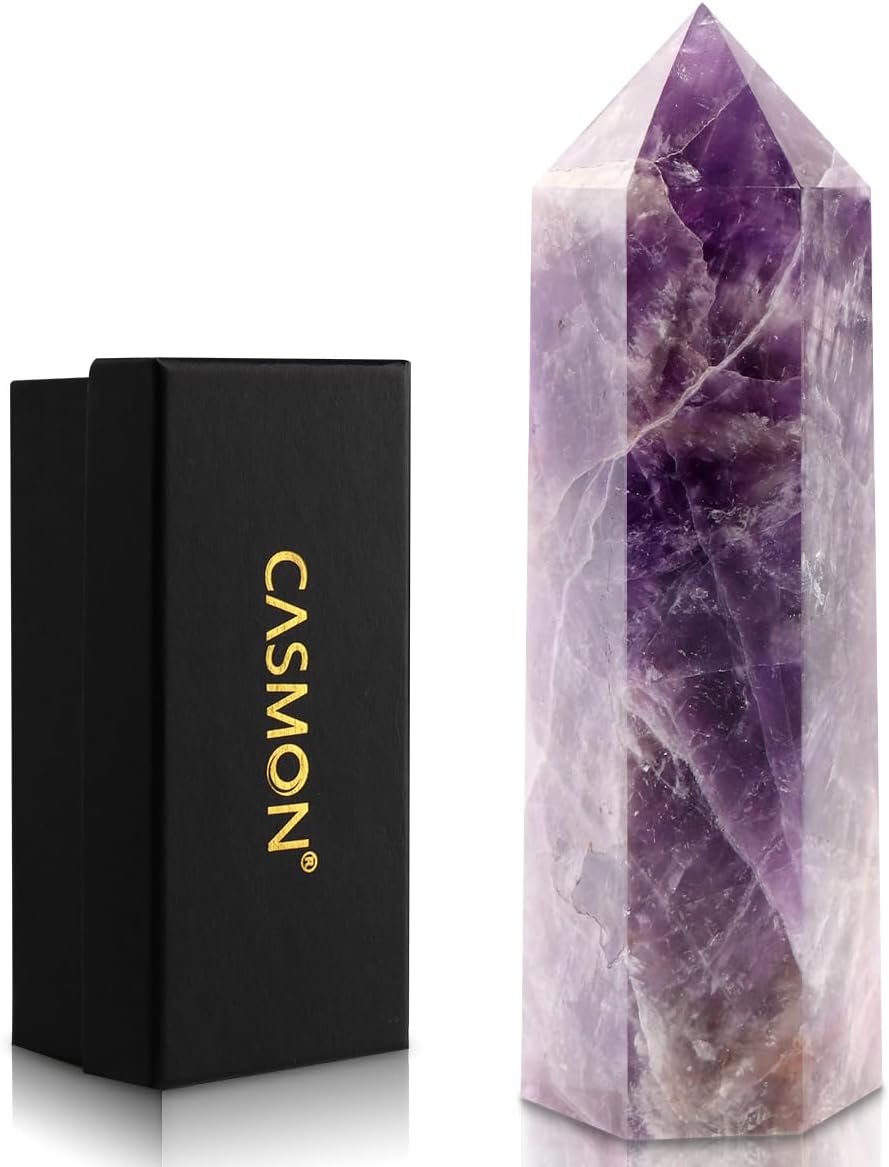 CASMON Large Healing Crystal Wands 3.9"-4.3"(10-11cm), Natural Dream Amethyst Obelisk Crystal Tower Stone, 6 Faceted Single Healing Crystal Point for Reiki Chakra Meditation Therapy (1PC)