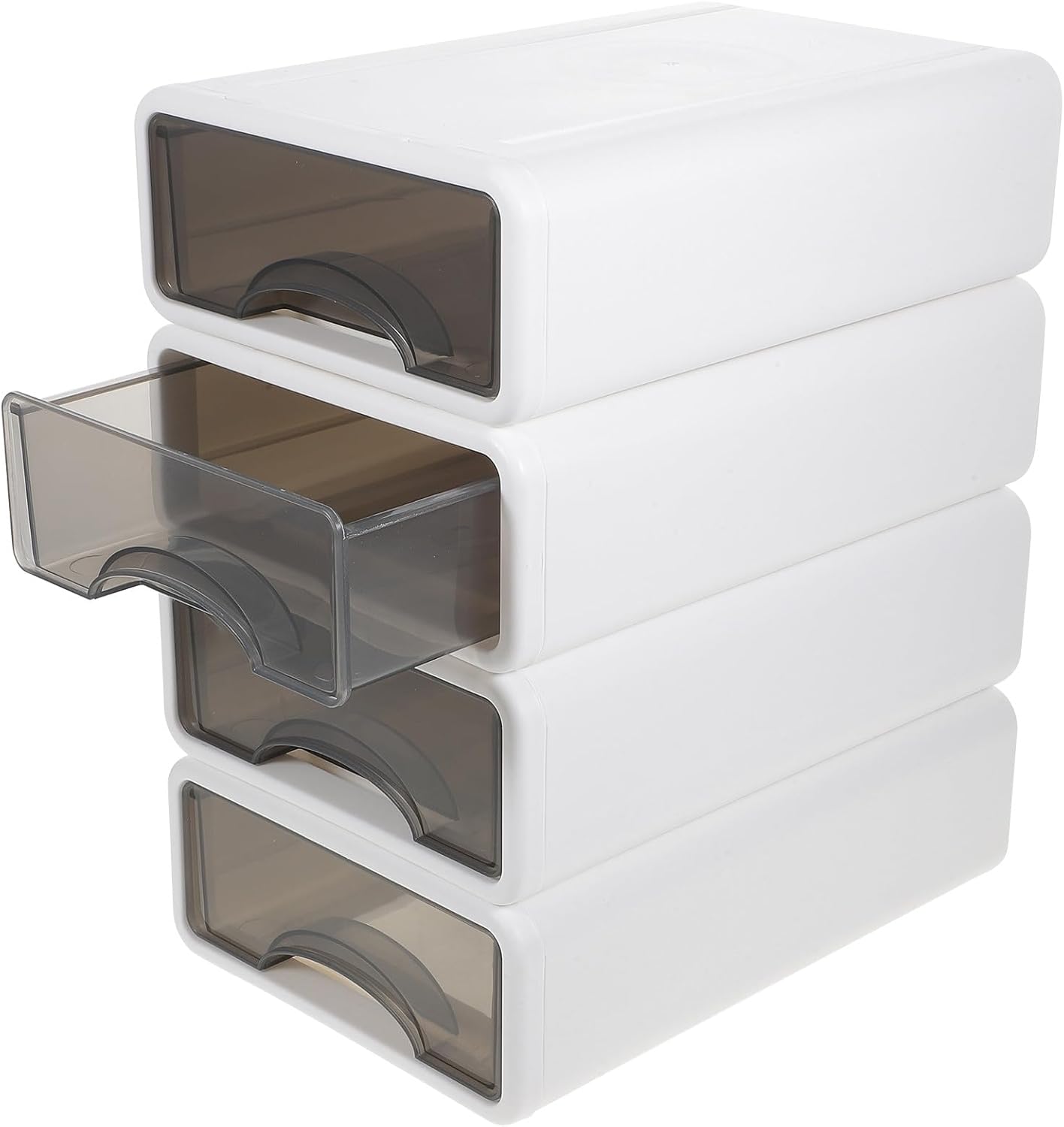 4 Pieces Small Drawer Storage Boxes Desktop Organizer for Stationery and Makeup, Pearl White with Gray Drawers, Compact Plastic Desktop Sundry Holder for Home Office Use