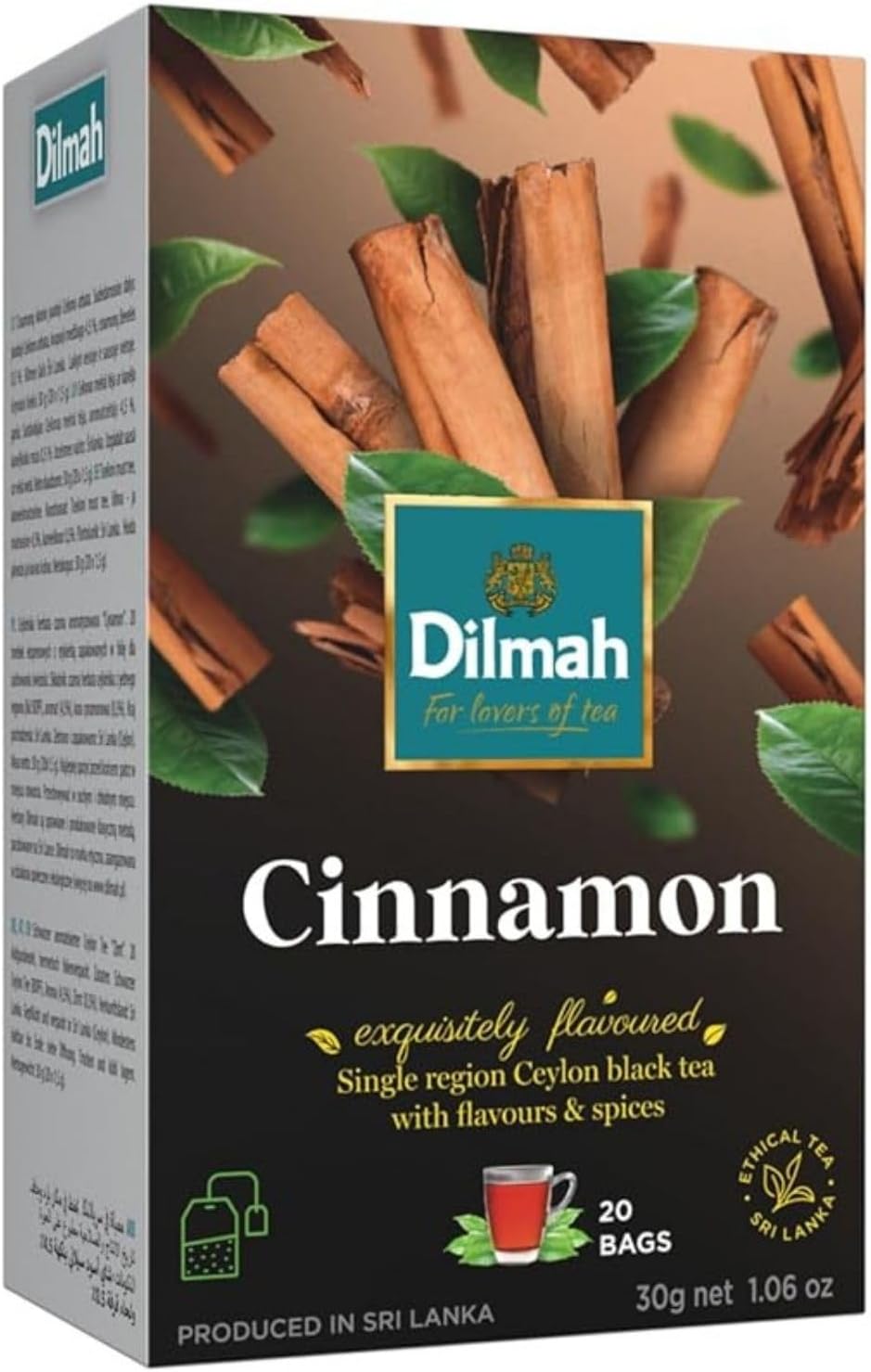Dilmah Cinnamon Black Tea – 20 Tea Bags | Fun Flavored Ceylon Tea, Warm Spiced Aroma, Medium Caffeine, Ceylon cinnamon tea bags