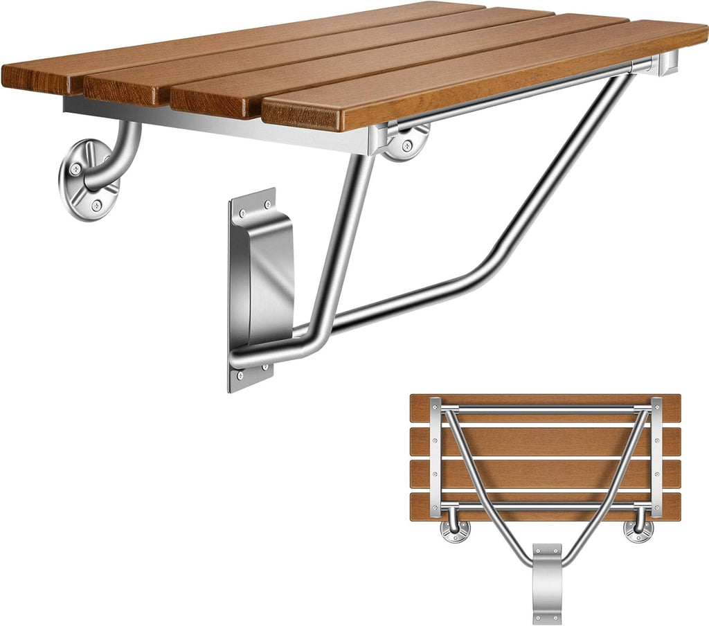 28" Wall Mounted Folding Shower Seat with Stainless Steel Bracket, Structural Stability, 500 lb Capacity, Space-Saving, Teak Shower Bench for Elderly, Disabled, Pregnant Women, Kids
