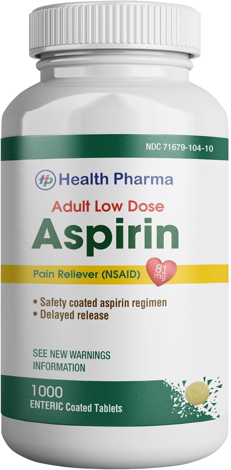 Health Pharma Aspirin 81 mg (1000 Enteric Coated Tablets) | Adult Low Dose Strength Pain Reliever (NSAID) | Safe Pain Relief for Minor Aches and Pain | Value Pack Generic