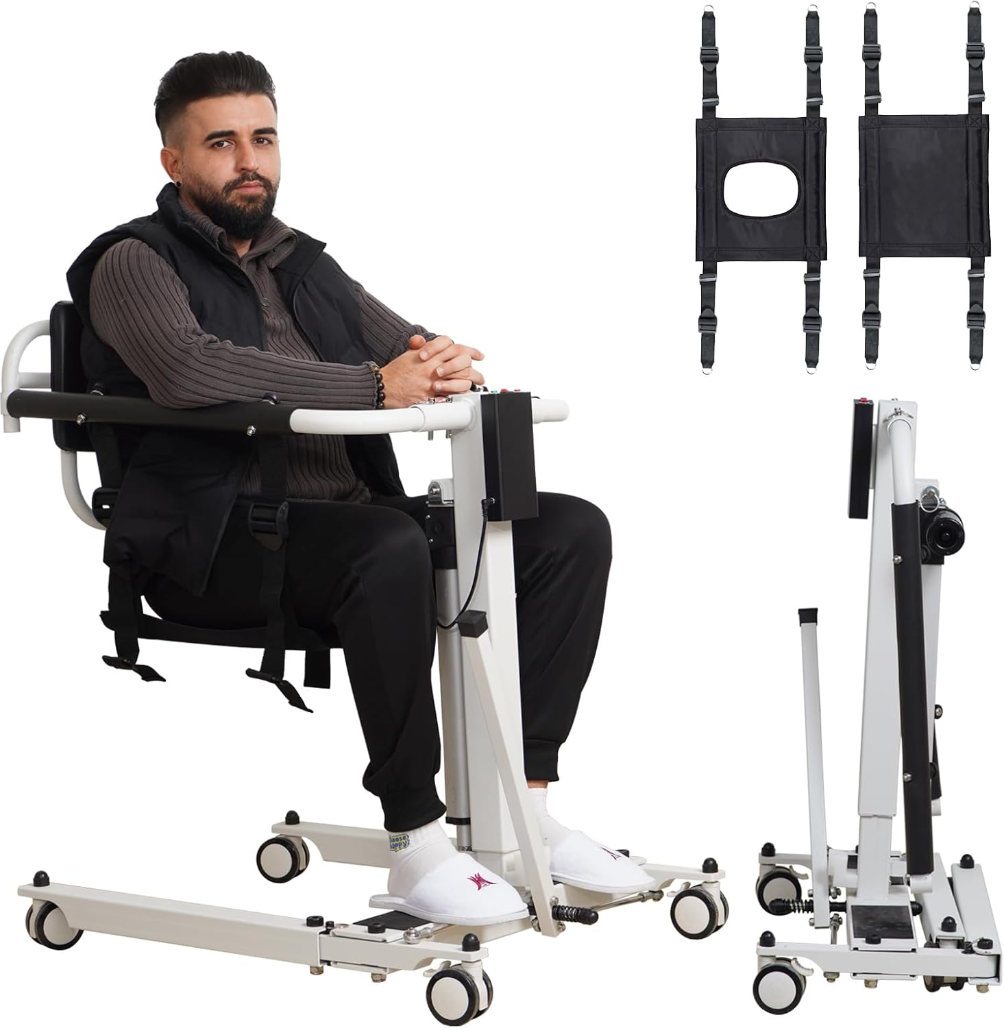 Electric Patient Lift Transfer Chair for Home - Foldable, Electric Transfer Lift Wheelchair for Car, Heavy Duty Transfer Chairs for Seniors, Adjustable Height/Base Width, 275 lbs