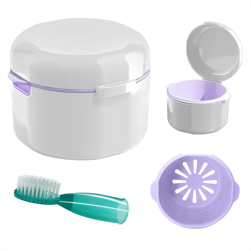 Denture Case, Denture Bath, Denture Cups for Soaking Dentures, Denture Brush with Case, Denture Bath with Rinsing Basket, Easy to Carry and Clean Retainer Case Denture Cleaning kit