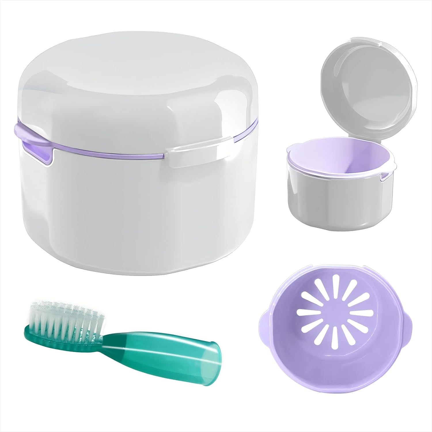 Denture Case, Denture Bath, Denture Cups for Soaking Dentures, Denture Brush with Case, Denture Bath with Rinsing Basket, Easy to Carry and Clean Retainer Case Denture Cleaning kit