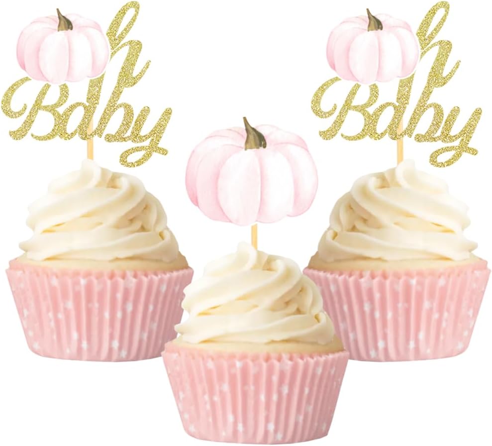 Pumpkin Oh Baby Cupcake Toppers, Fall Pumpkin Cupcake Picks Pumpkin Themed Baby Shower Birthday Thanksgiving Halloween Party Cake Decorations Supplies - Set of 24 (baby peach)