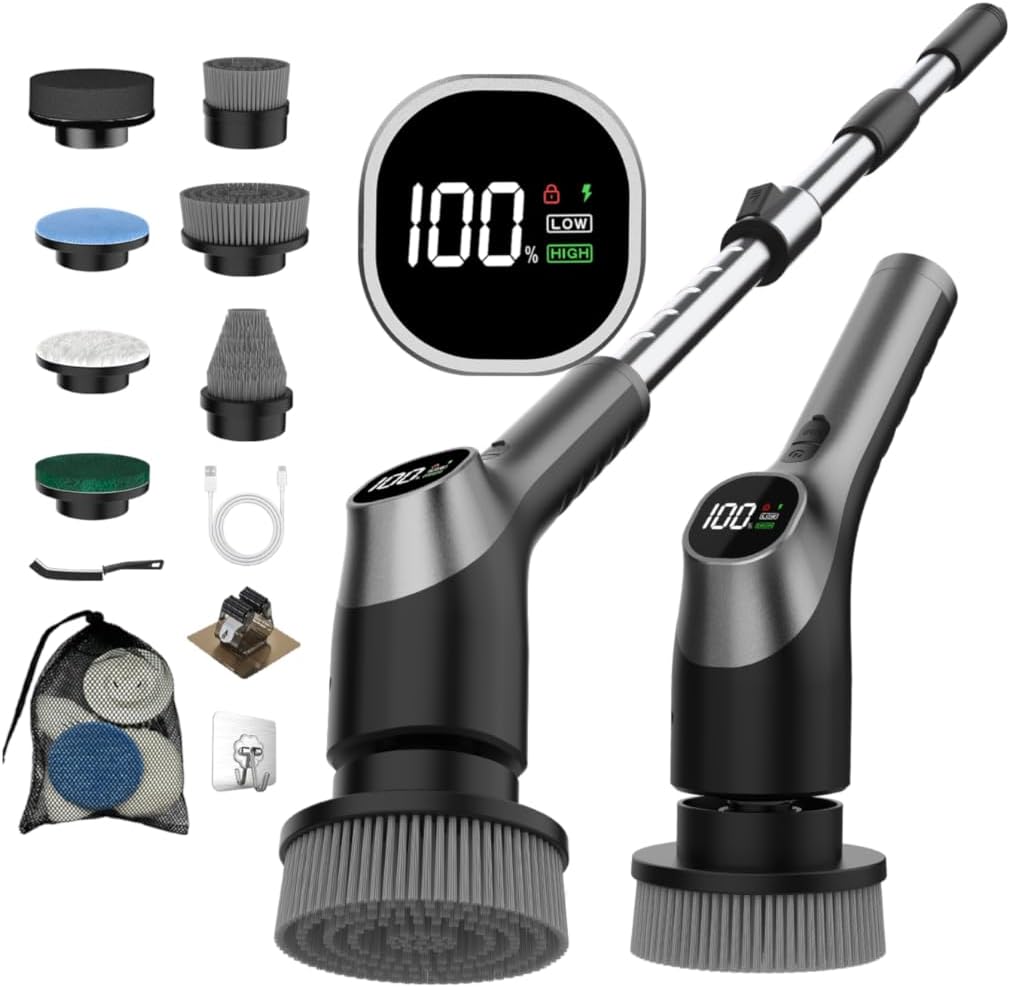 WKY-G3-Electric Spin Scrubber - Upgraded 10-in-1 IPX7 Waterproof Shower Cleaner Brush, Retractable Handle & 2-Speed for Toilet, Bathroom, Bathtub, Tile Floors Black