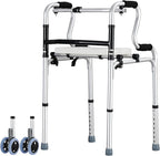 Folding Walkers with Wheels and Seat,Auto Brake Double Front 5" Wheel Walker 350LB,Lightweight Standard Walkers for Seniors,Aluminum Rolling Walker for Adults,Height Adjustable Walking Mobility Aid